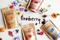 A photo of the finnberry packaging range, featuring four flavours